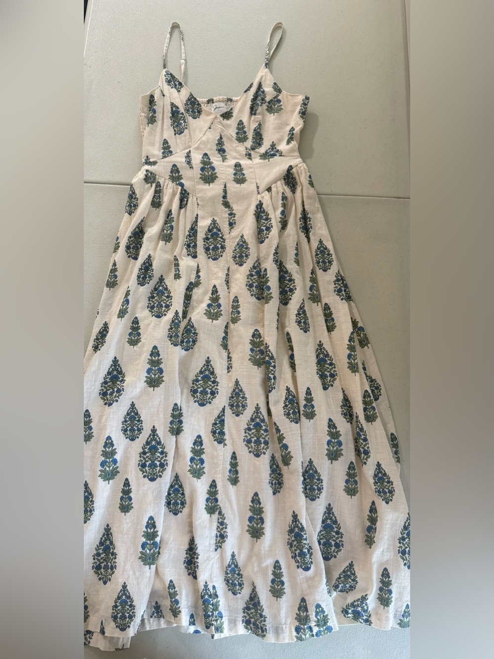 Cream Maxi Dress with Blue-Green Floral Print
